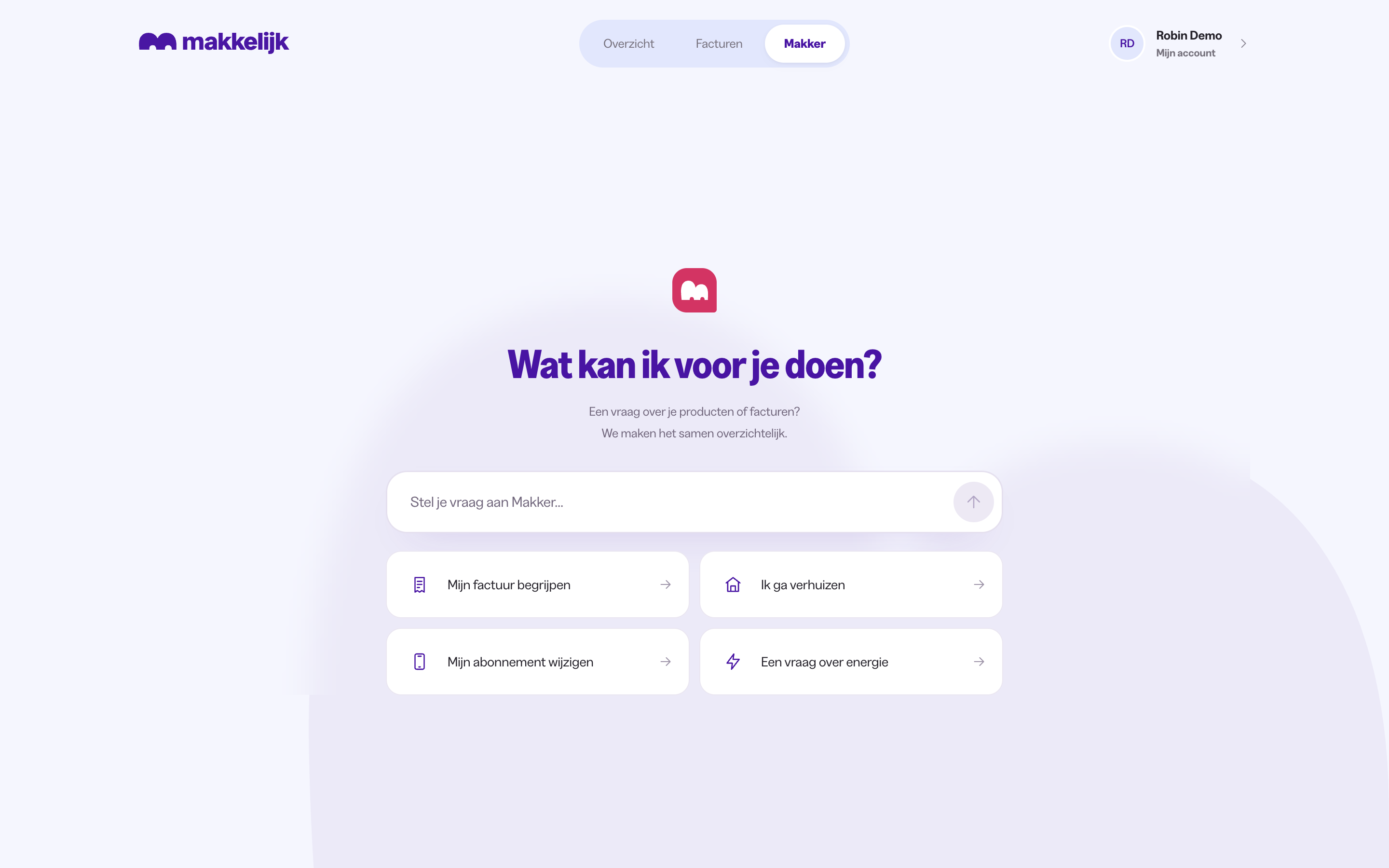 Makker met voorbeeldvragen en een invoerveld voor jouw vraag