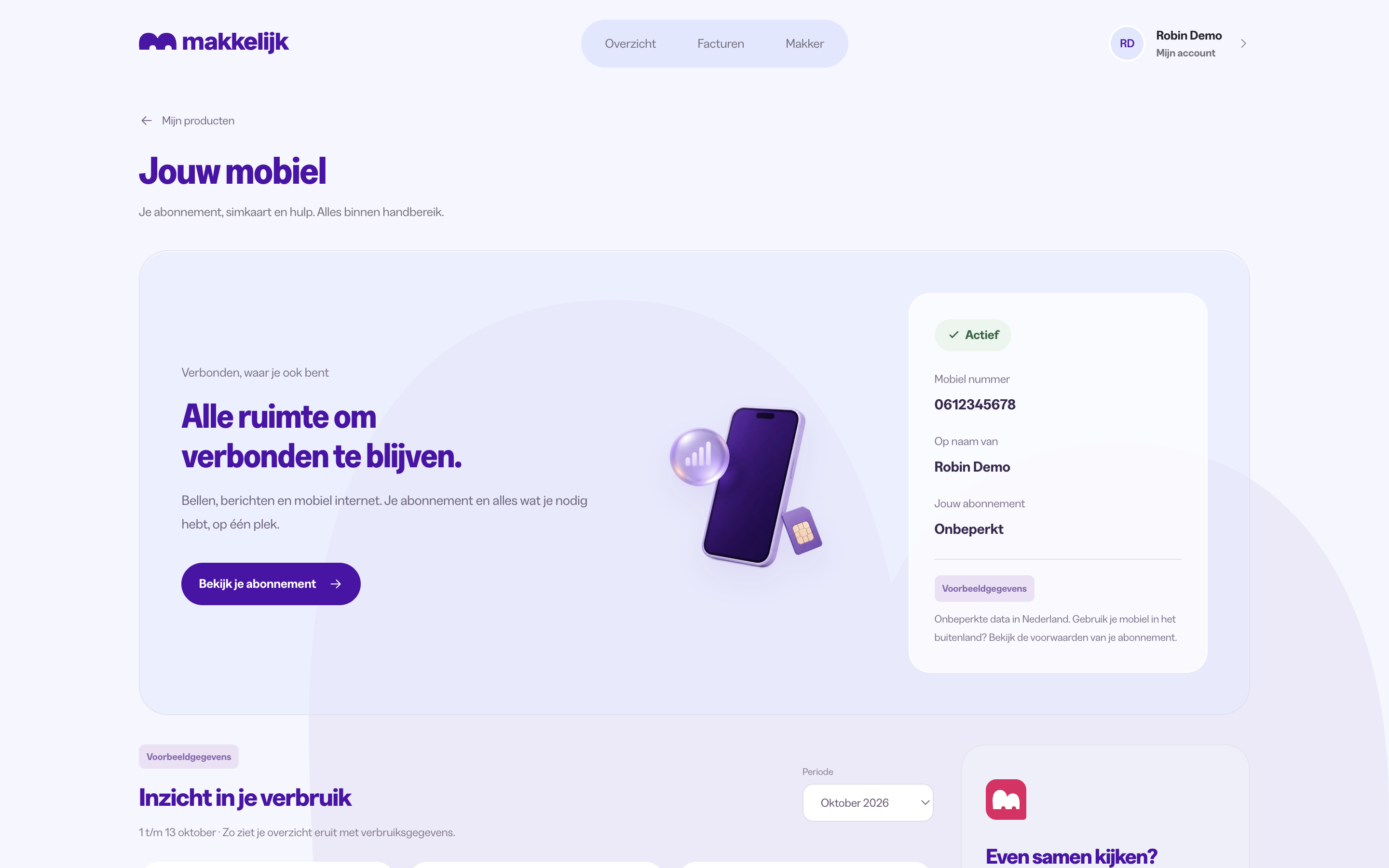 De mobiele productpagina met abonnement, simkaart, verbruik en Makker
